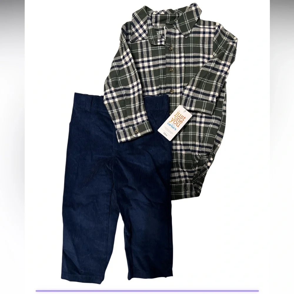 Carter’s Toddler Boy‎ 2pc Plaid Button Shirt & Navy Pants Outfit 18M